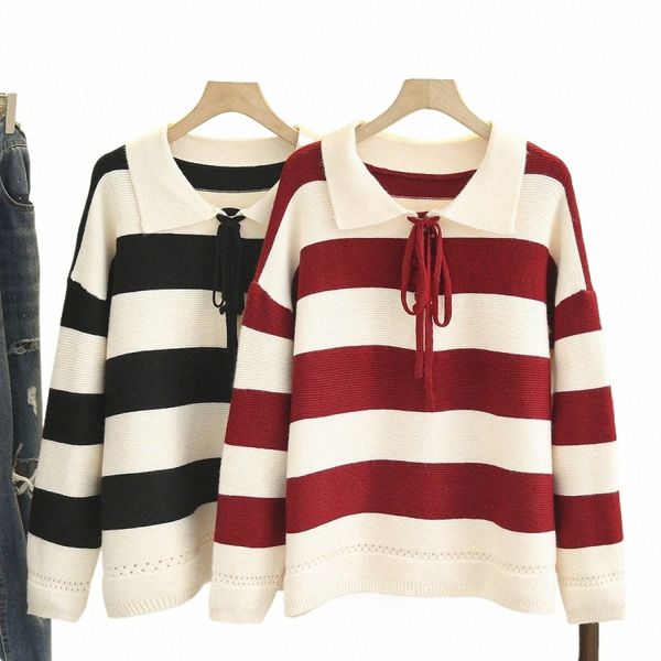 3XL Automne Plus Taille Jumper Femme Vêtements Lâche Pull tricoté Hiver Fi Stripe Peter Pan Col Curve Pulls i4vV #