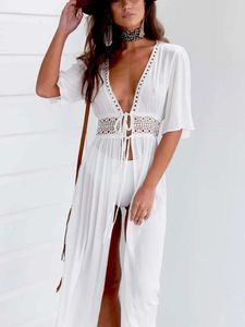 3XL plage longue Maxi Dres Bikini couvrir tunique paréo blanc col en V Robe Robe maillots de bain maillot de bain maillots de bain 240320