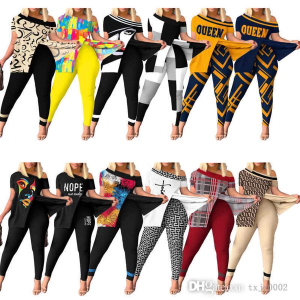 Fatos de treino femininos 3XL Conjuntos de calças de duas peças com padrão de moda Bainha estampada dividida Mangas curtas Roupas femininas