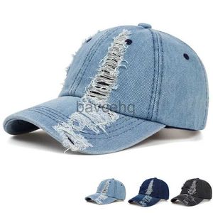 3Z96 Ball Caps Holed Baseball Caps Vintage Washed Distressed Cap Fashion Sports Denim Hats Plain Women Men Men Dad Caps D240507