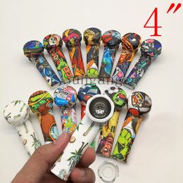 4.0 "Impresión de silicona Pipas para fumar Tapa de metal Olla Tazón Tabaco Titular de cigarrillo Cuchara portátil Pipas de mano Herramientas Accesorios para fumar Cachimbas Bong