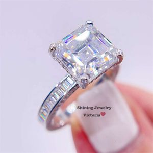 Anillo de compromiso de moissanita VVS con corte Asscher nupcial, joyería de boda de oro blanco de 4,06G y 10K