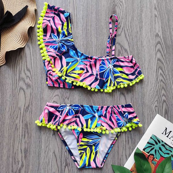 4-12 ans fille maillot de bain enfants Pom à volants Bikini ensemble une épaule s maillot de bain deux pièces maillots de bain pour enfants 2021