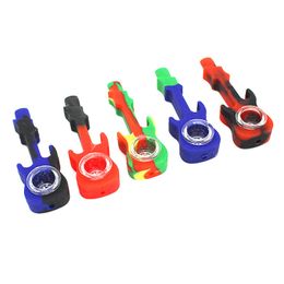 4,25 pouces Silicone Guitare Pipe à fumer Tuyau à main en silicone avec bol en verre Plate-forme pétrolière Bong en verre Expédition rapide