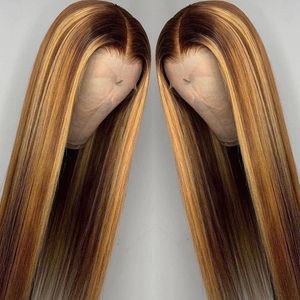 Perruque Lace Front Wig Remy brésilienne lisse, cheveux naturels, à reflets, blond miel ombré, 4/27