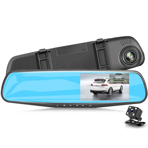 Caméra DVR de voiture de 4,3 pouces Rétroviseur numérique Enregistreur Caméscope Double lentille avant 170 ° Arrière 120 ° Grand angle de vue Full HD 1080P