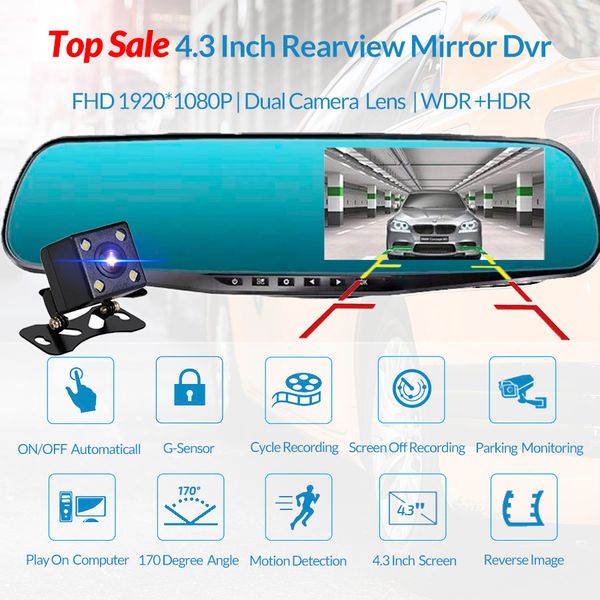 4.3 pouce rétroviseur de voiture DVR caméra caméra HD 1080P miroir de voiture enregistreur vidéo avec caméra de la caméra de voiture de voiture