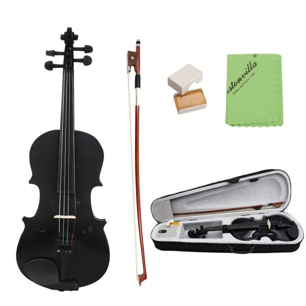 Violon acoustique léger noir pleine grandeur 4/4, avec étui, colophane pour débutants en violon