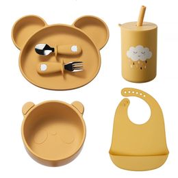 4/5/6 pièces bols pour bébé assiettes cuillères en Silicone alimentation par aspiration vaisselle sans BPA plats antidérapants pour bébé bol d'alimentation Panda 231229
