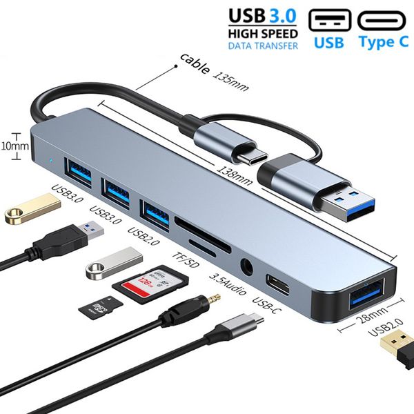 4/5/7/8 Port 2 en 1 USB C Expander USB3.0 Hub Type C Splitter Dock Multiport Audio Adapter USB Expander pour PC