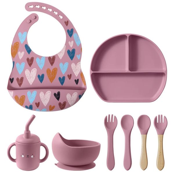 4/5/8 pièces ensemble d'alimentation en Silicone pour bébé bol d'aspiration sans BPA plats alimentaires assiette cuillère fourchette tasse bavoirs imperméables vaisselle pour enfants 240102