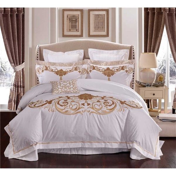 4/6/10 Uds. Lujo 1000TC algodón egipcio bordado blanco juegos de cama funda nórdica de Hotel tamaño King Queen sábana plana colcha 201021