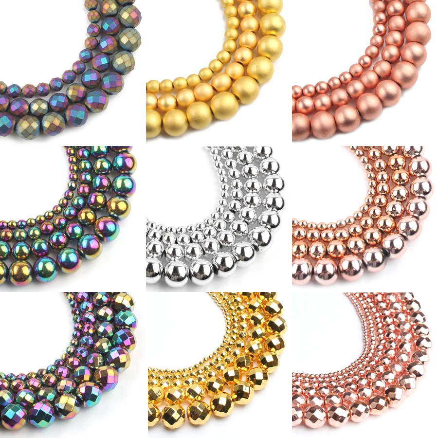 4/6/8mm Round Rhodium Rose Gold Plated Hematite Natural Stone Loose Mineral Beads for Jewelry Making DIY Bracelets Necklace 15''