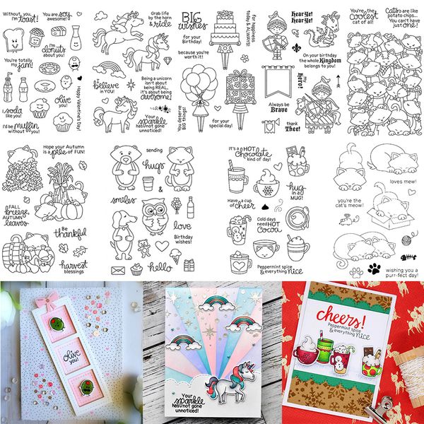 4 * 6 pouces Clear Silicone Stamps Cupcake beignet Coffee tampons animaux Meow Cats Unicorn Seals You Are Awesome Sentiments Wishes