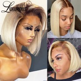 4/613 court Bob perruque dentelle avant perruques de cheveux humains pré-épilée délié Ombre Blonde 13x4 dentelle frontale perruque dentelle transparente synthétique résistant à la chaleur