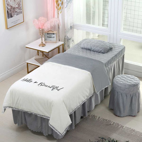 4-6 uds hermosos juegos de cama de salón de belleza masaje Spa uso Coral terciopelo bordado edredón cama falda edredón hoja personalizada # s 210706