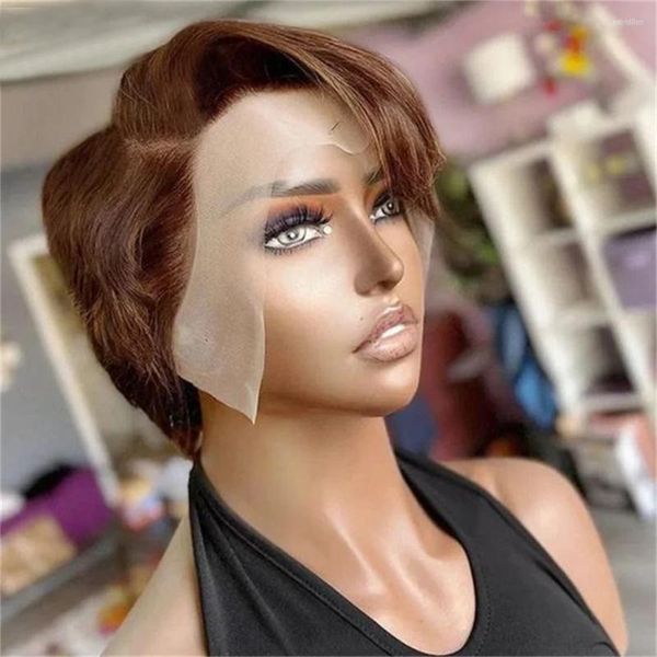 4# marrón llave dura pixie peluca transparente encaje transparente pelucas de cabello humano bob prepacido brasileño para mujeres