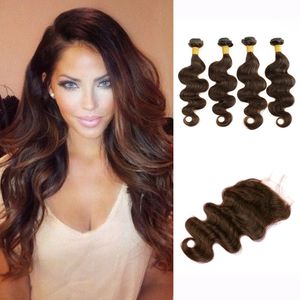 4 paquetes con cierre de encaje Body Wave Hair Weave Bundles Dark Brown Raw Virgin Indian Brazilian Camboya Extensiones de cabello humano