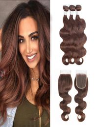 4 chocoladebruine body wave haarbundels met sluiting Braziliaans maagdelijk haar 3 bundels met 44 vetersluiting Remy Human HairExten6049086