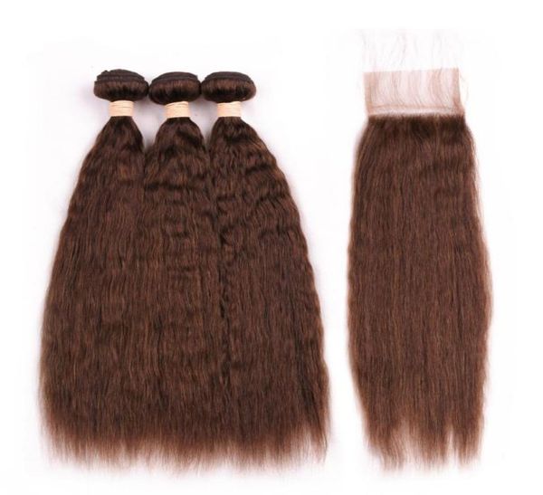 4 Brun Chocolat Grossier Yaki Cheveux Humains Dentelle Fermeture Avant 4x4 avec Tissages Brun Moyen Malaisien Crépus Raides Cheveux Humains Bund7056118