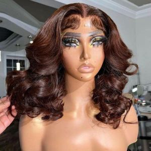 Perruque Bob Lace Frontal Wig naturelle Body Wave courte, couleur marron chocolat 4 #, 13x4, pre-plucked, fermeture 4x4, pour femmes