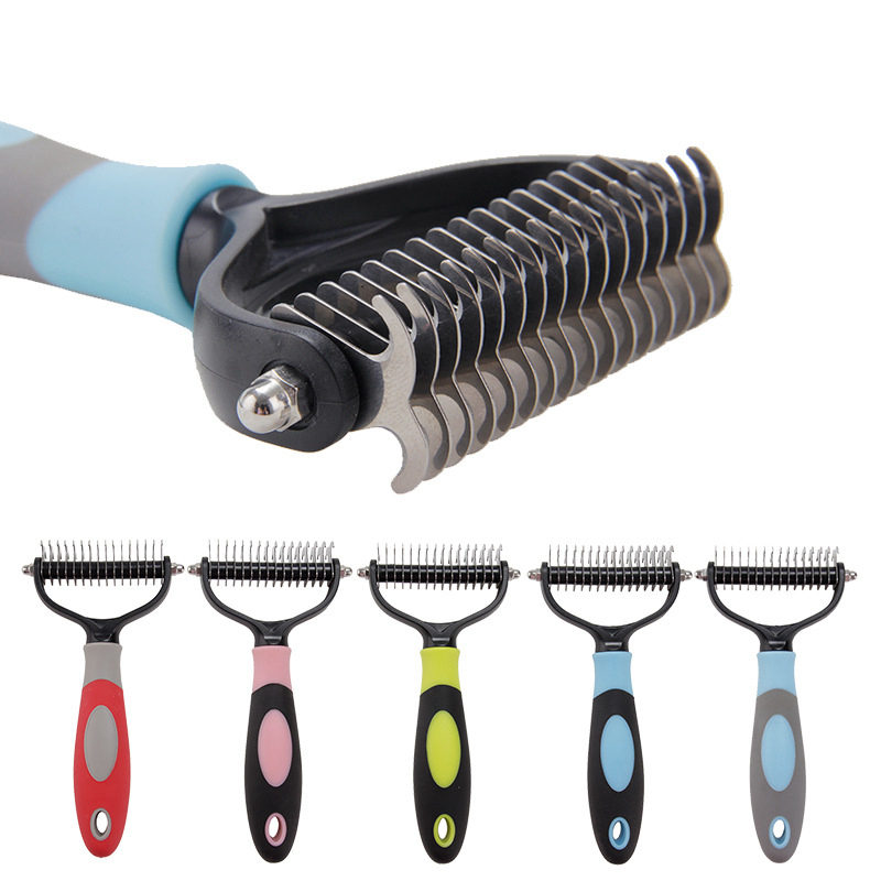 4 Color Beauty Tools Pet Grooming Brush Double Sided Shedding and Dematting Undercoat Rake Comb for Dogs Cats Extra Wide Blue D04