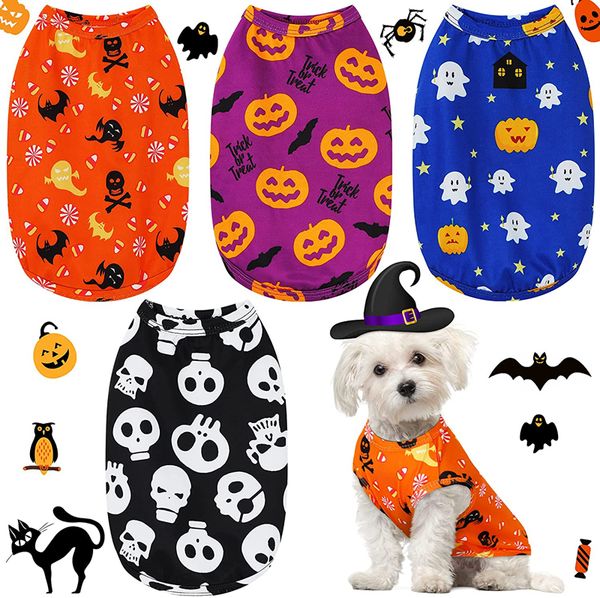 Ropa para perros de 4 colores Camisa de Halloween Camiseta transpirable para mascotas Ropa estampada linda para cachorros Calabaza Fantasmas Murciélagos Ropa para perros para fiestas de transformación Perros pequeños L A117