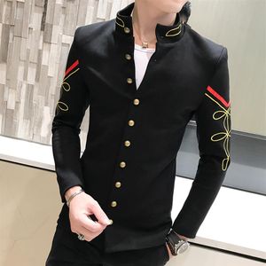 Veste de costume à col chinois pour hommes, 4 couleurs, boutons dorés, coupe cintrée, motif de Blazer, veste de pilote de l'armée, noir, bleu, rouge, blanc, Blazer257K