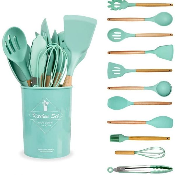 4 Couleur Cuisine Ustensiles de Cuisine Silicone Résistant À La Chaleur Anti-Adhésif Manche En Bois Ustensiles De Cuisine Set avec Boîte De Rangement Cuisine Outils 201022