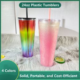 4 kleuren 24oz plastic glitter Tumblers Rainbow Graident Plastic Strawbekers 710 ml PS Dubbele muurde acryl waterflessen herbruikbaar draagbare kantoor koffiemokken aangepast