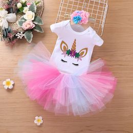 4 kleuren Baby Letter Cartoon Paard Outfits Meisjes Floral Hoofdband + Romper + Tutu Kant Rokken 3 stks / set Boutique Kids Party Clothing Sets M3315