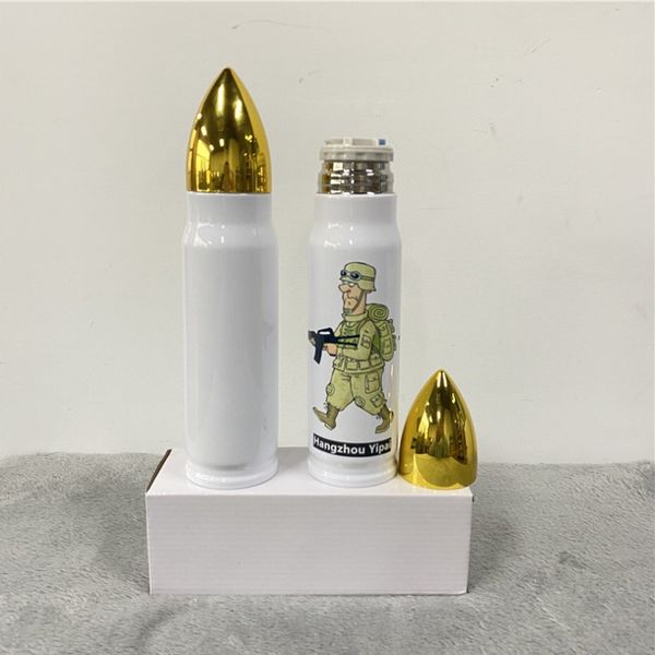 Sublimation Blank White Bullet Tumbler avec couvercles dorés Double paroi en acier inoxydable DIY Bouteille d'eau isolée Tasses de voyage sous vide Tasses de voiture B0032