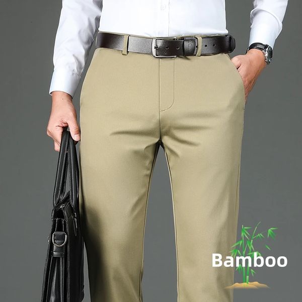 4 colores Fibra de bambú de bambú Pantalones informales sueltos rectos de negocios casuales de la marca anti-wrinking de ropa masculina pantalones formales 240425