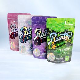 4 kleuren Mylar-zakken 500 mg verpakking Runty Gummies-tas Kindveilige geurbestendige Ether Runtz Wit roze plastic zakje Ritspakket