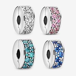 4 kleuren Pave Clip Charm Pandoras 100% 925 Sterling Zilver Bedels Set Snake Chain Armband Maken Blauw Roze Kristallen Clips Vriendin Cadeau met Originele Doos groothandel