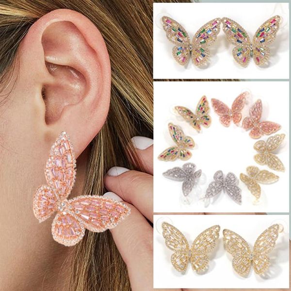 Pendientes de mariposa grandes de circonita cúbica de oro rosa personalizados en 4 colores, nueva moda Punk, pendientes de tuerca, diamantes ostentosos, joyería para oreja, regalos 3377