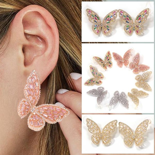 Pendientes de mariposa grandes de circonita cúbica de oro rosa personalizados en 4 colores, nueva moda Punk, pendientes de tuerca, diamantes ostentosos, joyería para oreja, regalos 2538