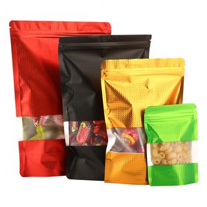 4 colores que se pueden volver a cerrar Stand Up Mylar Foil Bag con ventana transparente para nueces de chocolate Empaquetado Auto sellado Almacenamiento en relieve Bolsa de aluminio LX4328