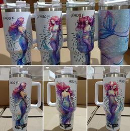 Tasse de sirène en acier inoxydable de 4 couleurs, tasse de sport de plein air de 40OZ avec poignée, bouteille d'eau, tasses de bière portables, gobelets de voyage isolants