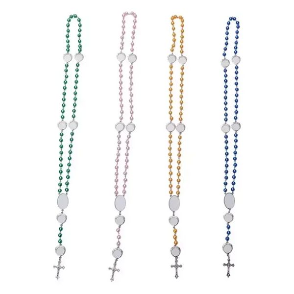 Collier par Sublimation, 4 couleurs, pendentif par transfert de chaleur, chapelet en perles, croix de jésus, pendentifs en métal, sxjun23