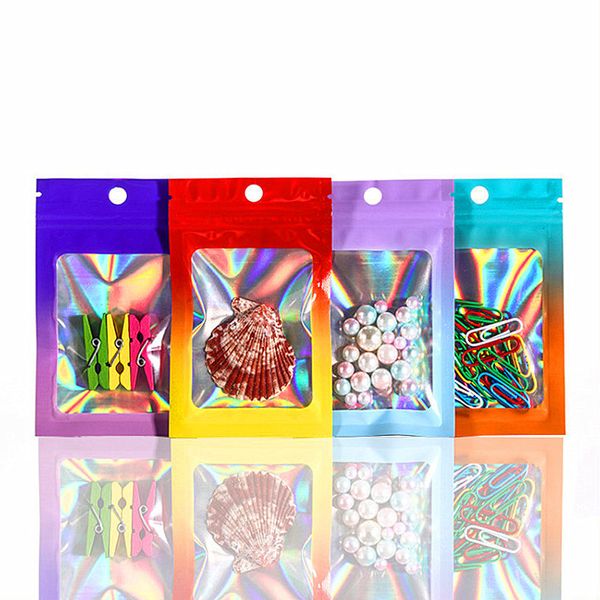 4 colores Único papel de aluminio mate con cierre de cremallera Bolsas de regalo Ventana esmerilada Joyas resellables Baratijas Pegatinas para uñas Pestañas Cuentas Bolsas de exhibición en polvo