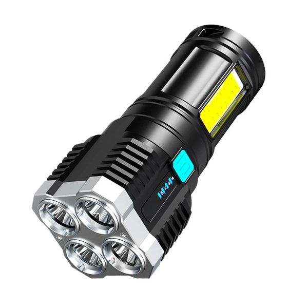 Linterna brillante multifuncional LED de 4 núcleos Luz lateral COB Linterna recargable USB portátil para exteriores para el hogar con cable cargador y caja de color