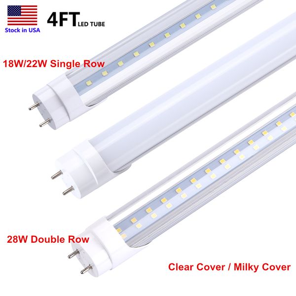 Tubes LED T8 de 4 pieds, 4 pieds 18W 22W 28W, tube linéaire LED G13, ampoule d'éclairage de magasin à deux broches, couvercle transparent, 5000K 6000K, ballast retiré, alimentation à double extrémité