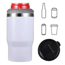 4 in 1 14oz koffiekopjes Tuimelaar roestvrij staal 12oz slanke koude bierfles kan koelere houder dubbele wand vacuüm geïsoleerde drank mokflessen met twee deksel FY5207 0509