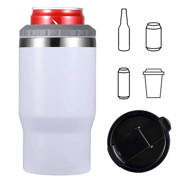 4 en 1 14 oz Tazas de café Vaso de acero inoxidable 12 oz Botella de cerveza fría delgada Puede enfriador Titular Doble pared Aislamiento al vacío Taza de bebida Botellas con dos tapas F0427