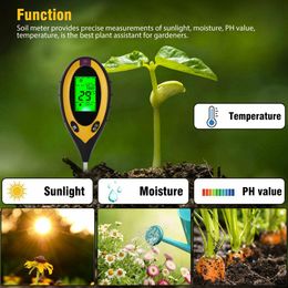 Testeur d'humidité du sol numérique 4 en 1, température, intensité de lumière du soleil, pH-compteur d'essai de sol pour le jardinage, l'agriculture, les plantes