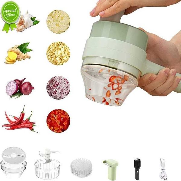 Cortador machacador de ajo eléctrico 4 en 1, cortador de verduras multifuncional, rebanador con carga USB, picador de ajo, herramienta de cocina para cortar alimentos