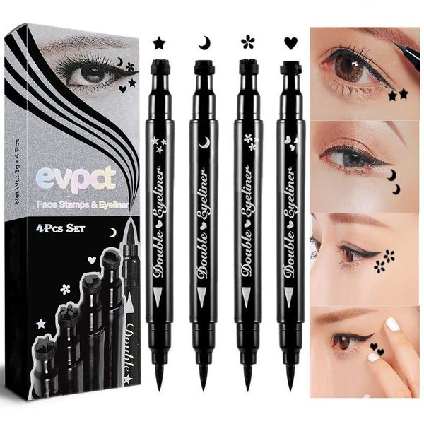 4 en 1 Face Eyeliner Stamps Set de maquillaje Estrellas Flores Corazones Luna Negro Líquido Wingliner Wingliner Formas de estrellas Eye Liner Wing Stamp Figuras Herramienta Lápices