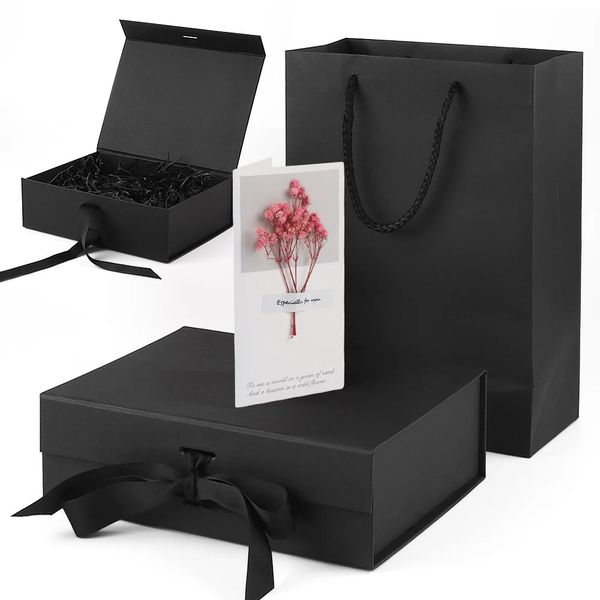 Boîte-cadeau pliante magnétique 4 en 1 (23x17x7cm) + sac (28x20x8cm) + 20 g de restes de papier lafite + carte de voeux de fleur sèche (9x16cm) 231227