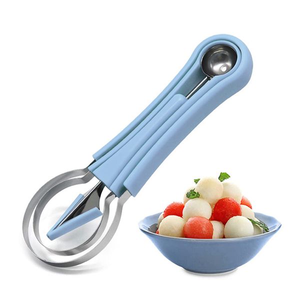 Cuchara cortadora de melón 4 en 1, utensilios con cuchillas para tallar frutas y verduras, recogedor de frutas de acero inoxidable, juego de cucharas para melón